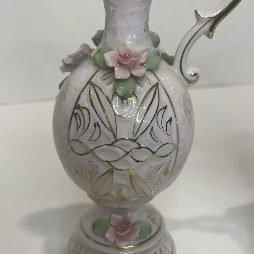 Vintage Lefton China Pink Roses Pitcher Vase Pair See Description